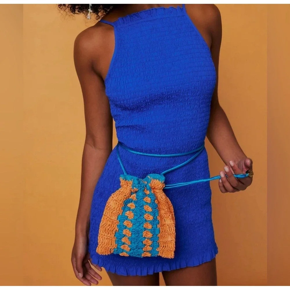 Free People Heatwave Raffia Straw Mini Crossbody Bag‎ Blur Orange Boho Festival - Picture 4 of 11